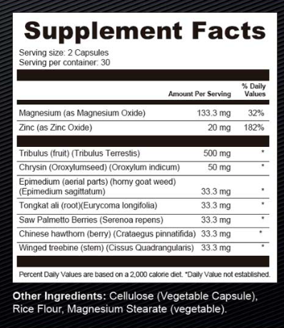 EndoPeak supplement facts and ingredients label including tribulus, tongkat ali, horny goat weed, hawthorn berry, and zinc